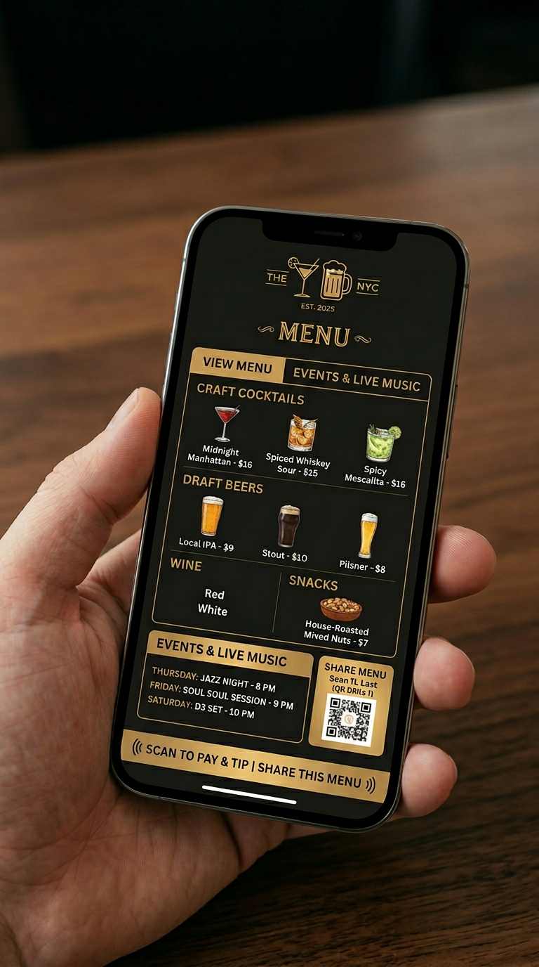 Phone showing digital bar menu
